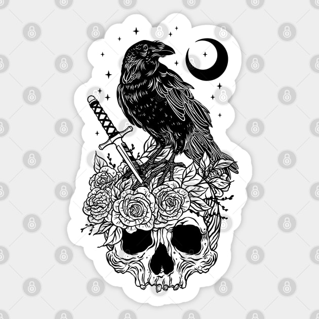 Crow with skull Sticker by OccultOmaStore